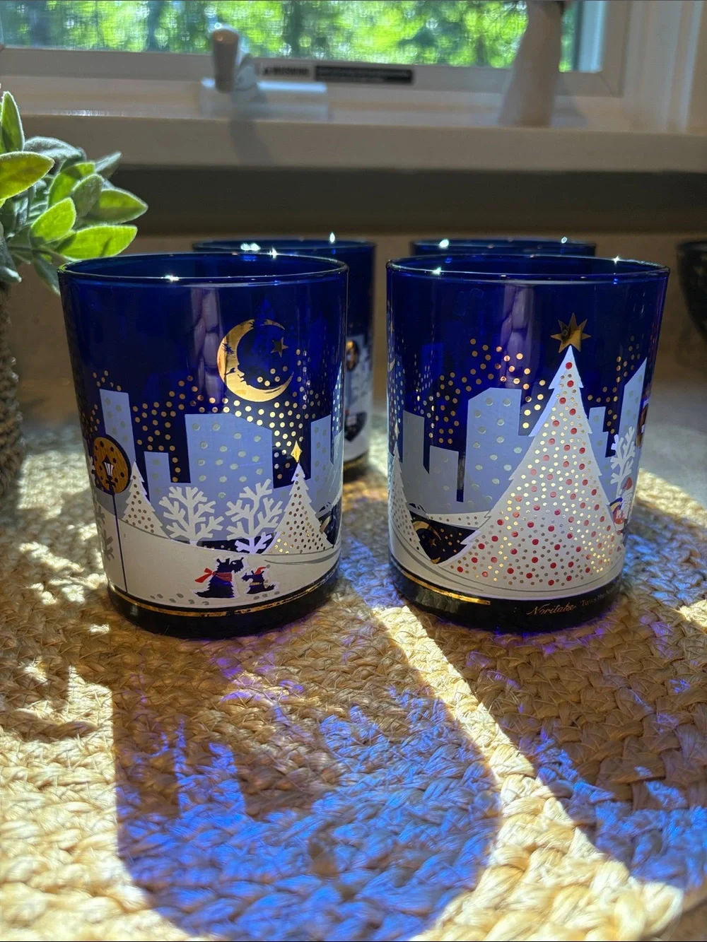(4) Vintage Cobalt Blue Noritake 'Twas The Night Before Christmas Glasses